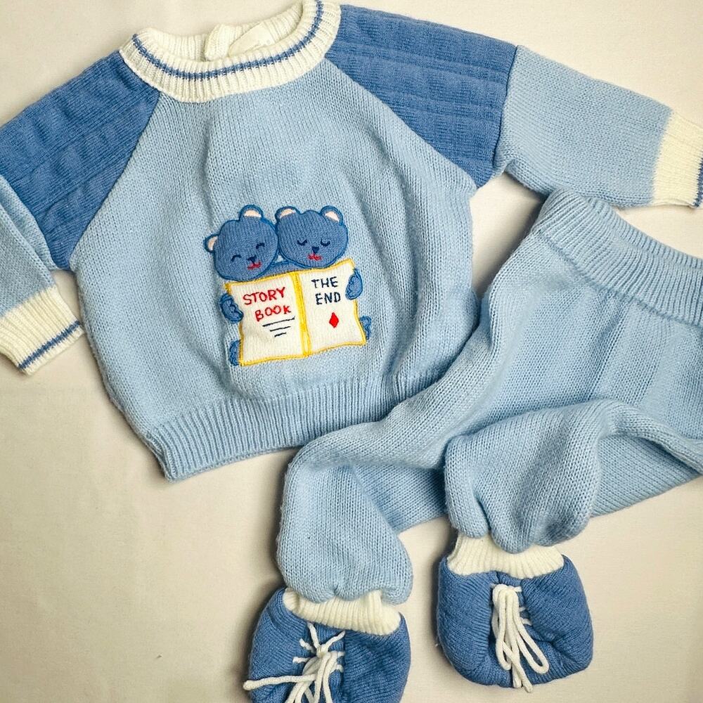 Vintage Story Book Teddy Bears Sweater Blue Knit 2pc Set Outfit Sz 3 mo